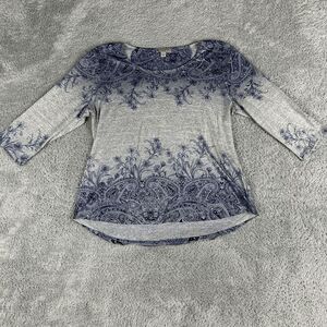 Energe Women's Long Sleeve Floral Paisley Shirt XXL Grey Navy Scoop Neck 90s Y2K